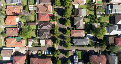 Traditional residential houses in Sydney, Australia – top down aerial 4k.
