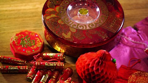 mandarin oranges and chinese red envelope  and other chinese new year decoration items