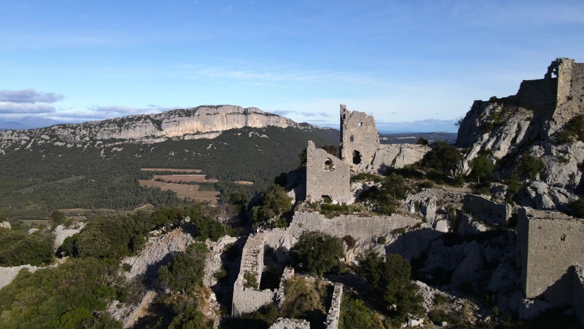 Ruins of the Castle of Montferrand on the mountain Pic St Loup, St-Mathieu-de-Treviers, Occitanie, France 