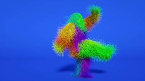 Funny hairy multicolored monster man character dancing . Furry beast having dancing, fur bright funny fluffy character, full hair Chewbacca, snowman, seamless motion design.