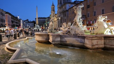 Rome, Italy - Circa September, 2020: Fountain of Neptune (Italian: Fontana del Nettuno) at night on Piazza Navona square, city landmark