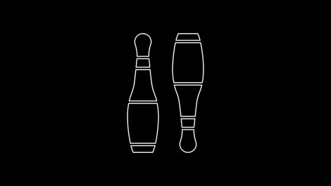 White line Bowling pin icon isolated on black background. Juggling clubs, circus skittles. 4K Video motion graphic animation.