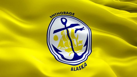 Anchorage Alaska US city flag waving in wind video footage Full HD. Realistic city Flag background. Anchorage Flag Looping closeup 1080p Full HD 1920X1080 footage. Anchorage USA States country flags 