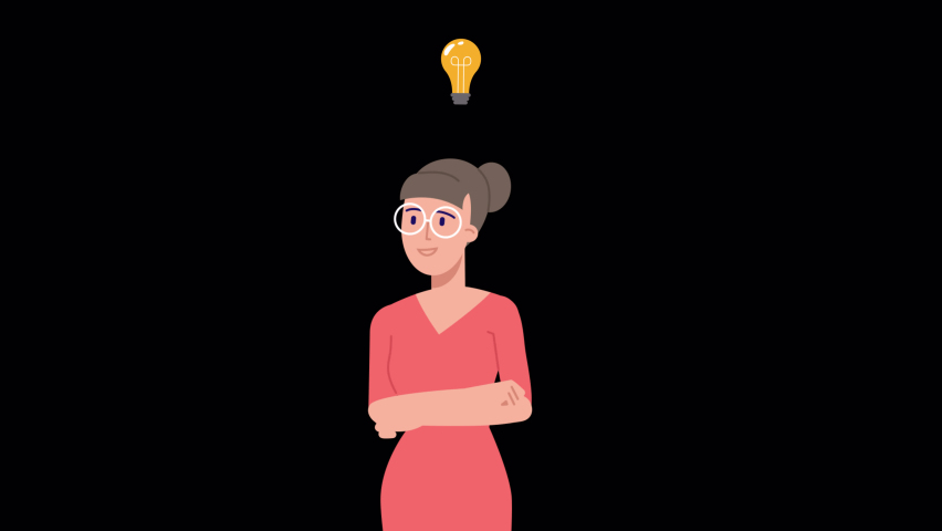 Concept of a great idea. woman thinking and looking for answer, hand gesture, index finger up. Solution of the problem. Character animation with ALPHA channel. light bulb pops up above head, Eureka Royalty-Free Stock Footage #1066507108