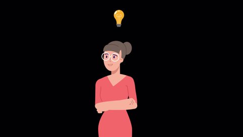 Concept of a great idea. woman thinking and looking for answer, hand gesture, index finger up. Solution of the problem. Character animation with ALPHA channel. light bulb pops up above head, Eureka
