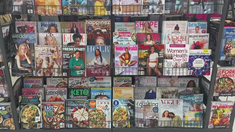 Edmonton, Canada - January 25, 2021: Various magazines on shelves in a store 