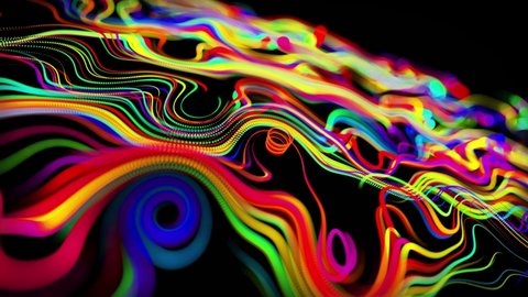 flow of particles forms curled lines like glow trails of different colors, lines form swirling pattern like curle noise. Abstract 3d looping flowing animation as bright creative festive background