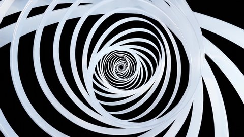 3D stylish abstract white background with rings or circles twisting in concentric structure. Rings turning pattern like helix or spiral in 4k. Pearl material. Isolated on black