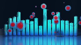 abstract graph of columns or bars around which coronaviruses like covid-19 fly. 3d infographic looping background in 4k. Numbers over columns, flowing animation. Fluctuations during pandemic - Powered by Shutterstock - Get 15% off with code: PIKWIZARD15