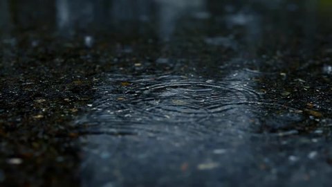 Rain drops falling on asphalt in slow motion loop during a rain storm.