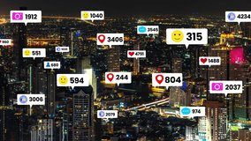 Social media icons fly over city downtown showing people engagement connection through social network application platform . Concept for online community and social media marketing strategy . - Powered by Shutterstock - Get 15% off with code: PIKWIZARD15