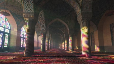 Moroccan columns with arches. Great hall in Moroccan style. 3d visualization