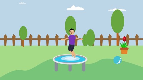 Happy little boy animation jumping on trampoline while playing and enjoying leisure time at backyard. Cartoon in 4k resolution