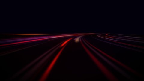 Light and stripes moving fast over dark background and are reflected in the road surface. Technology and science background. 3D render 4k loop animation. City life, urban scene, car light trails