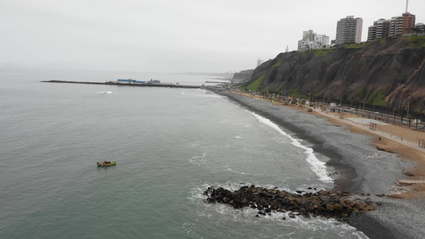 Aerial view of the sea shore in Miraflores, Lima, Peru