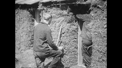 CIRCA 1940s - A pioneer family uses lumber to finalize their sod house, and create a fireguard around their land in the 1870s.