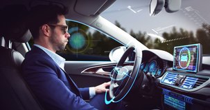 Animation of digital interface over businessman in self-driving car. global network of connections and technology concept, digitally generated video.