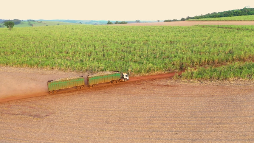 Aerial image transporting sugar cane to plant, harvesting sugar cane