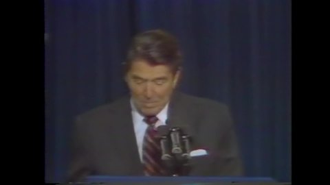 CIRCA 1980s - The crowd applauds President Ronald Wilson Reagan at the end of his speech on crime in the 1980s.
