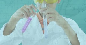 Animation of chemistry data and drawings over boy using test tubes in laboratory. digital interface global connection and science concept digitally generated video.