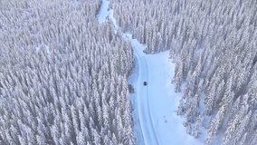 Winter driving on a mountain road covered in snow. Aerial view with the trees covered in heavy snow. 