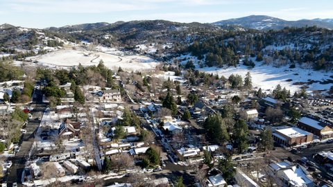 Aerial view of historic Downtown City of Julian during snow day. Famous for it's apple pies, and the Wilcox Building.California, USA