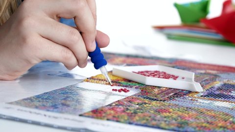 Kid Playing Diamond Painting, Children Art Craft School Class, Handcraft Cross Stitch Activity in Coronavirus Pandemic Lockdown