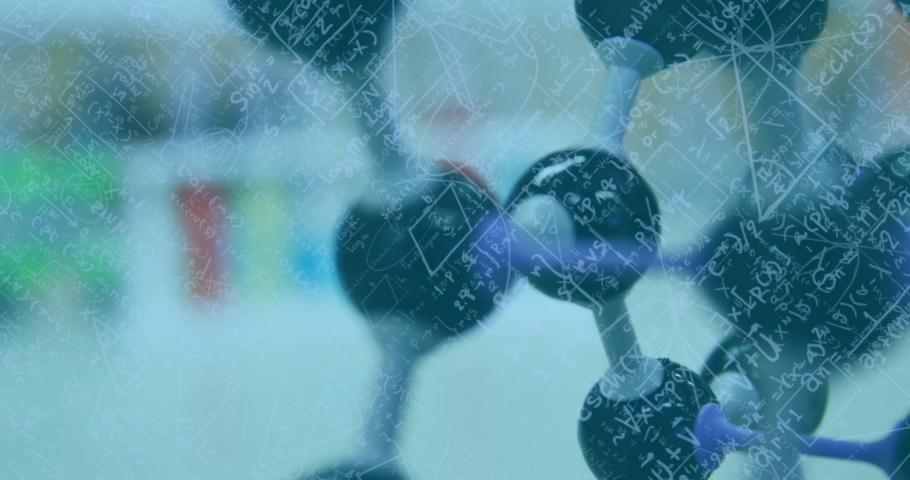 Animation of mathematical and scientific formulae over chemistry laboratory. science research and medicine concept digitally generated image.