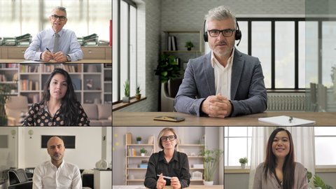 Collage of diverse business people talking and listening to the camera having a work conference video call male leader,coach mentor speaking during video chat online to group of colleagues screen pov