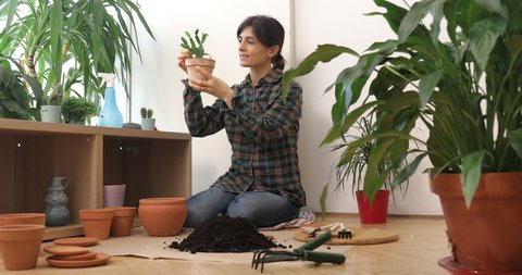 Female holding terra cotta pot with plant. Hobby and leisure activity at home. Greenhouse concept.