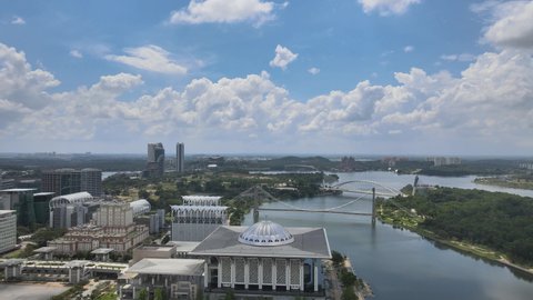 Aerial View of Iron Mosque, City, Bridge and Lake in Putrajaya.