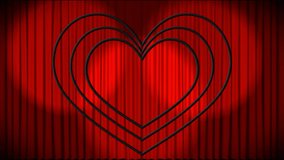 Animation of yellow and white concentric neon hearts flashing over opening red curtains. valentine's day, love and romance concept, digitally generated video.