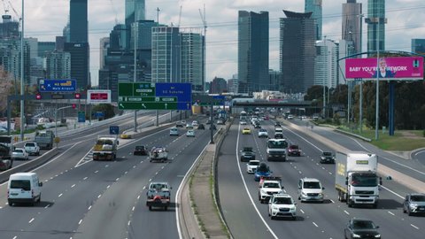 Busy traffic on teh West gate Freeway in Melbourne October 11, 2019. Melbourne- Victoria - Australia.