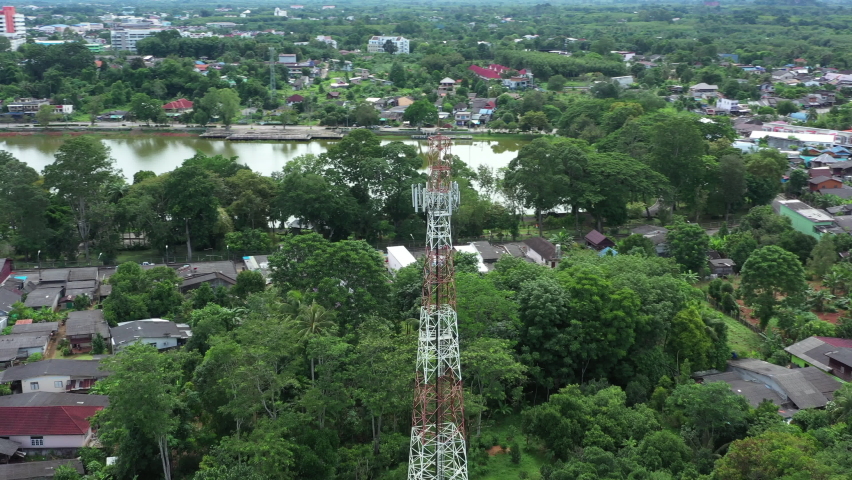 Footage 4k B-roll Aerial drone view of tower antennas Telecommunication cell phone, radio transmitters of cellular 5g 4g mobile and smartphones, a Technology Video by kathayut kongmanee