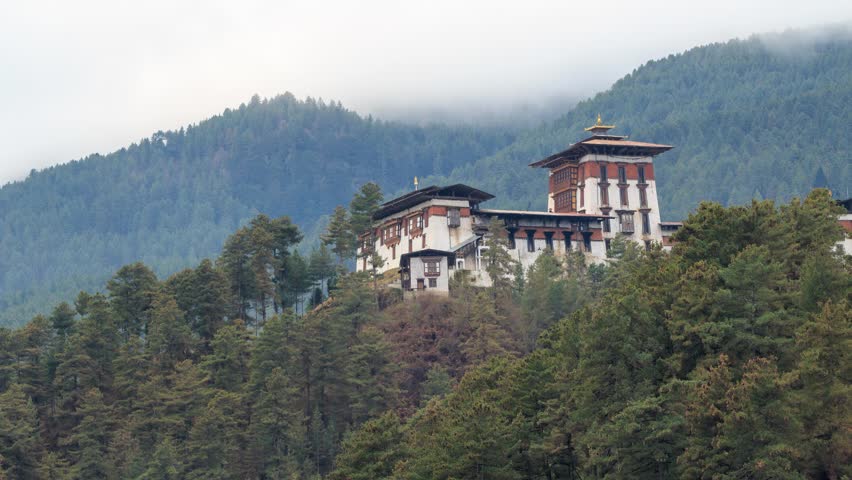 Jakar Dzong or Jakar Yugyal Dzong, Bumthang, Bhutan. This Dzong located on a ridge above Jakar town in the Chamkhar valley of Bumthang in central Bhutan. (Time-lapse)