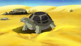 Big green turtle buries itself in the sand and crawling out. Handmade 2D animation.