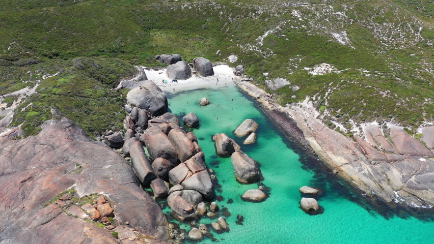Aerial video of the Elephant Rocks - a popular beach destination in Western Australia. Place where giant granite rocks are meeting the icy Great Southern Ocean. 