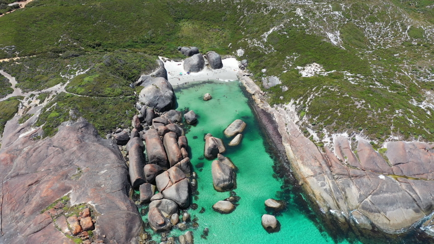 Aerial video of the Elephant Rocks - a popular beach destination in Western Australia. Place where giant granite rocks are meeting the icy Great Southern Ocean. 