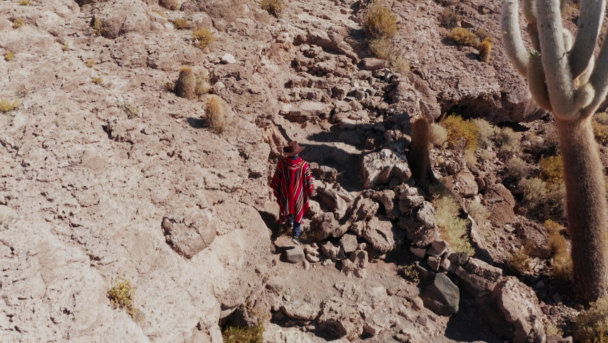 Man in poncho on Incahuasi island with cacti at sunset, Salar de Uyuni, Altiplano, Bolivia. Aerial view