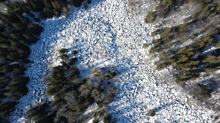Aerial winter view of Stone river know as Zlatnite Mostove (Golden Bridges) at Vitosha Mountain, Sofia City Region, Bulgaria