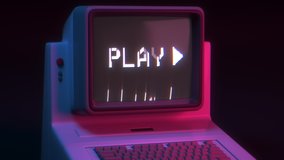 Retro style personal computer or PC on black background. Play sign on display, monitor. Noise, distortions, glitch digital effects. Purple and blue color light. Retro wave clip. Vintage 4K animation 