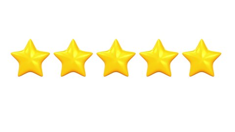 Rating score of golden stars from 5 to 1. 3d stars rank animation with alpha channel.