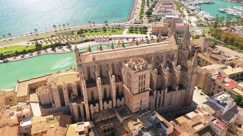 Palma de Mallorca, Spain: Aerial view of capital city of Majorca, island in Mediterranean Sea, Catalan Gothic style cathedral (Catedral de Santa María) - landscape panorama of Europe from above