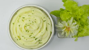 Mashed Potatoes Creamy Delicious Side dish decoration carved vegetables topview - Powered by Shutterstock - Get 15% off with code: PIKWIZARD15