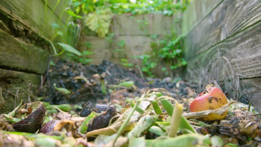 Slow motion natural light organic food waste is added to the heap Royalty-Free Stock Footage #1066646317