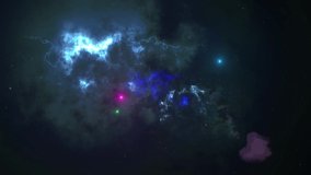 Flying through nebula space for animation. Passing stars motion design in HD. Video for science, galaxy, astronomy, star dust particles. Traveling through space clip for web, intro, logo.