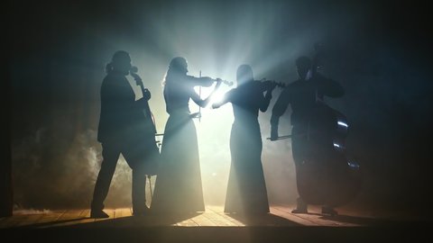 Silhouettes of a Group of Professional Musicians Playing the Violin, Cello and Double Bass Performing Musical Works on the Big Stage of the Concert Hall in the Smoke on a Dark Background.