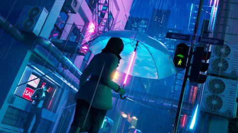 Futuristic street in the rain in the neons light by night. People walking under umbrellas. Parasols with lighted handles. Beautiful pink, blue, purple glitters. Moody climate. Rainy time in the city.