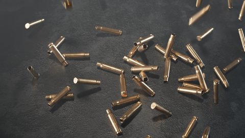 Animation of empty shells falling on the floor. Open fire. Gun ammunition on dark background. Metal bullets fired from a rifle. Pistol shooting. Military, police or hunting ammo. War, shot, crime