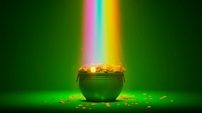 The magical rainbow that leads to the pot of gold. Irish symbol of luck, success and wealth. A green cauldron is full of golden coins. Leprechaun's treasure on a green background. St Patrick day. Rich - Powered by Shutterstock - Get 15% off with code: PIKWIZARD15